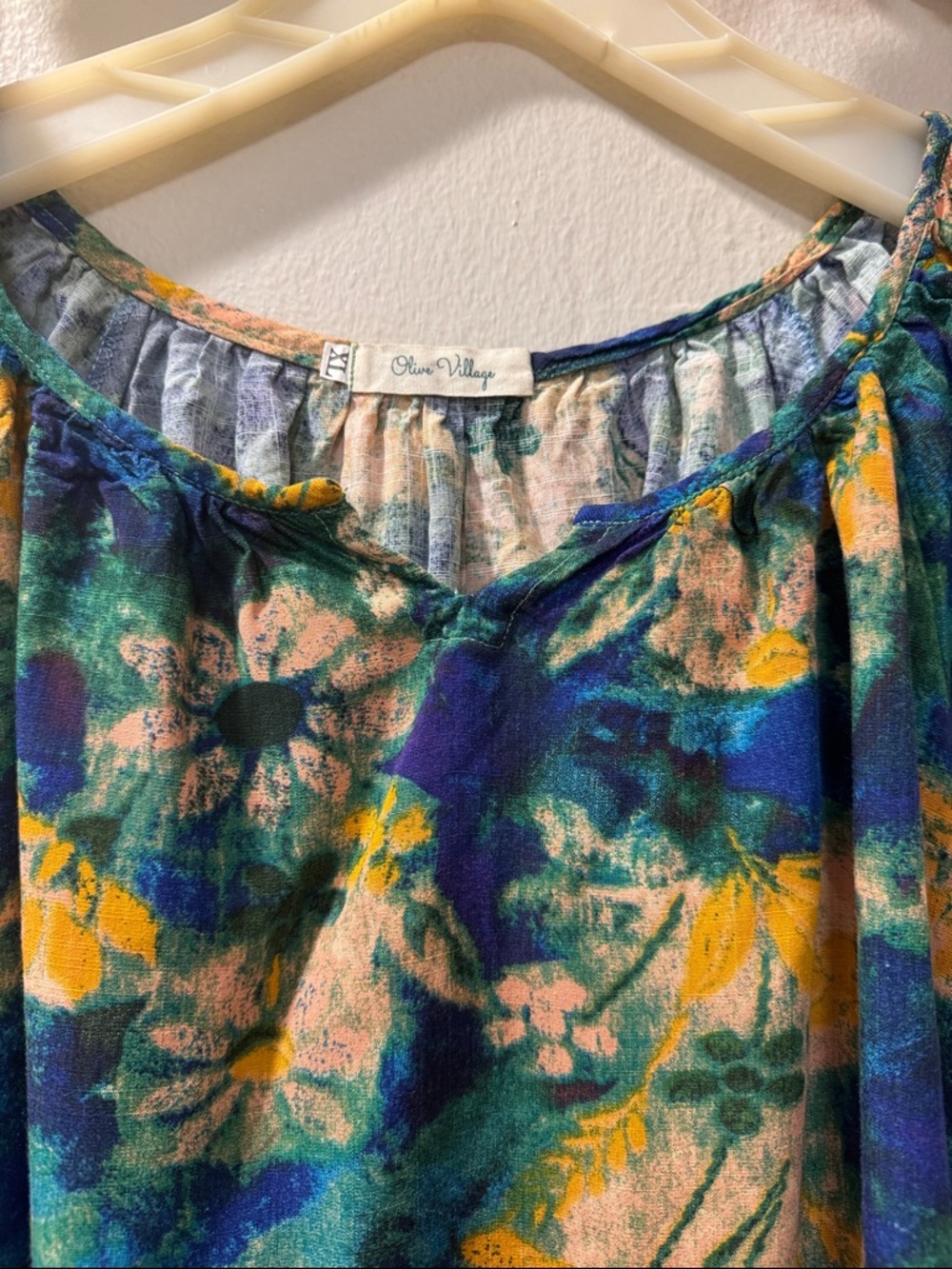 Printed Short-Sleeve Peasant Blouse in Blue, Green & Yellow - Picture 3 of 7